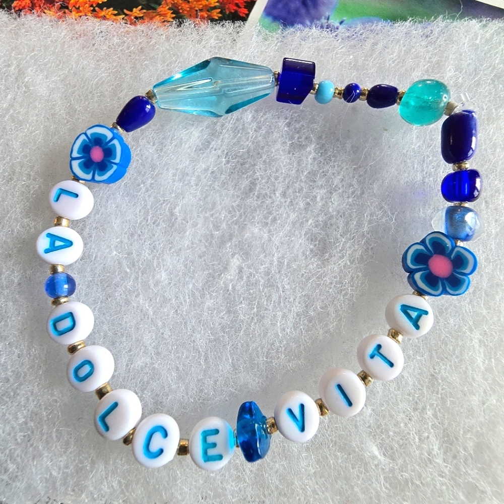 La Dolce Vita bracelet handmade beaded word the sweet life jewelry blue